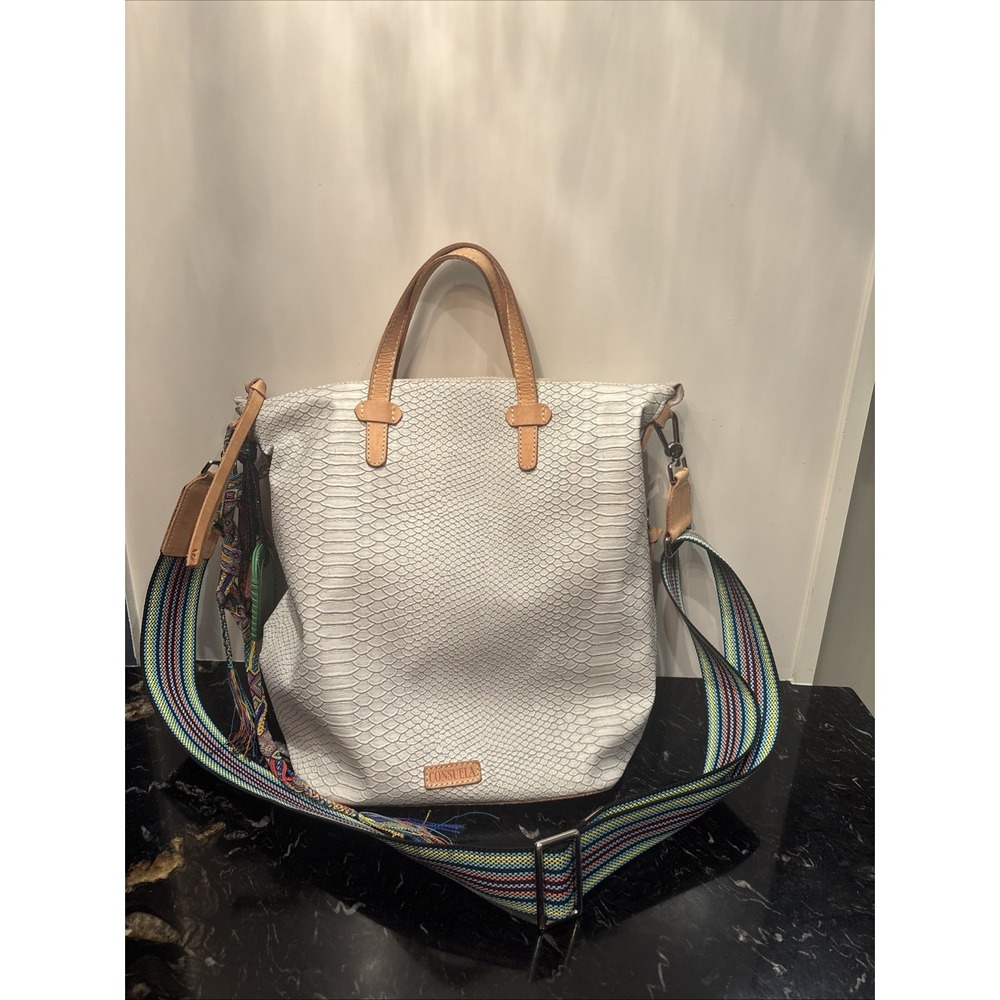 Consuela Thunderbird Sling Bag White Snake Embossed Zip Detachable Strap Tassel
